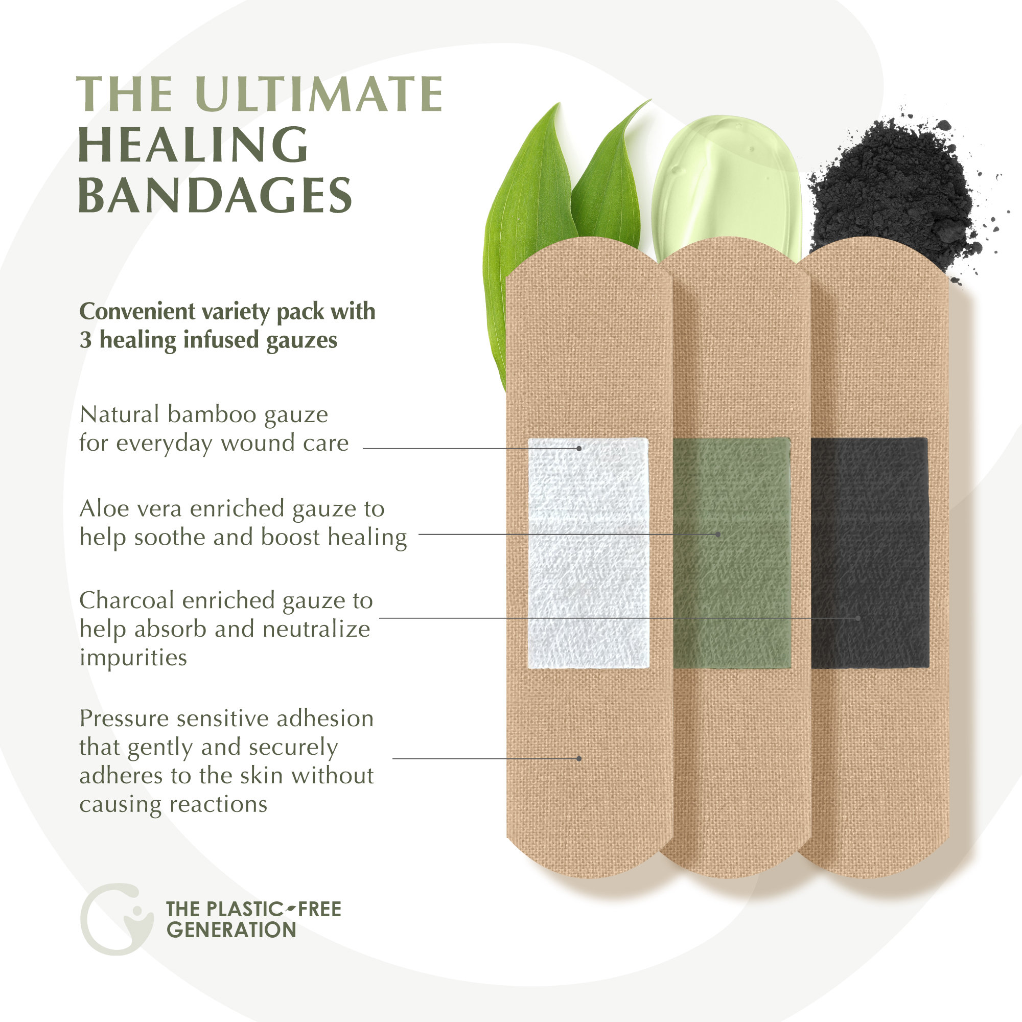 The Plant-based Bandage by Generation for Change 75 Organic Bamboo Bandages  Variety Pack Aloe, Charcoal & Natural Bamboo Compostable 