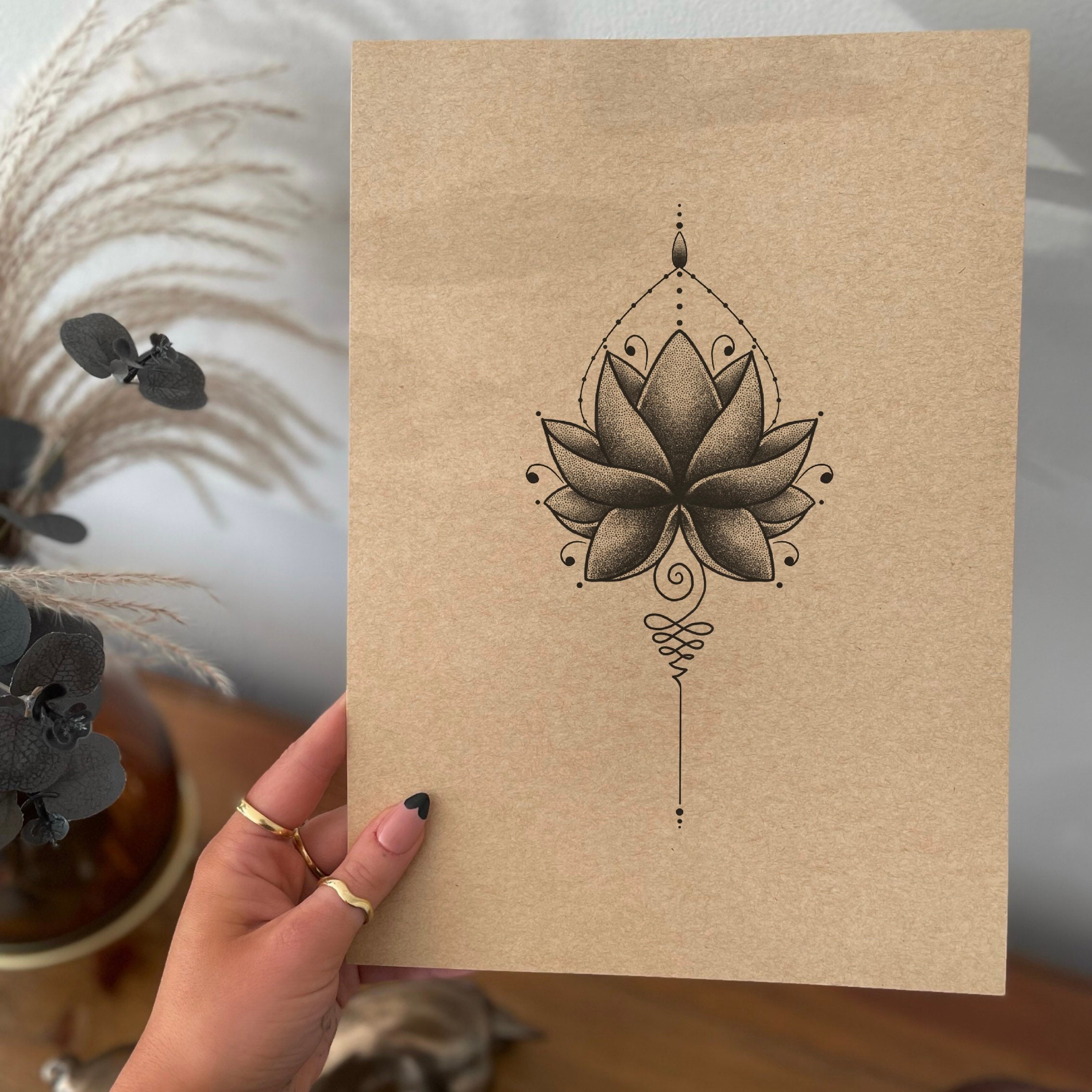 Lotus Flower & Unalome Tattoo Style Print - Etsy