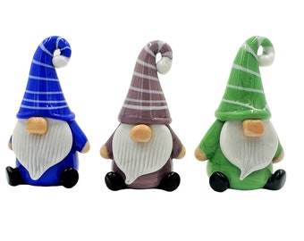 3 Pack Gnome Glass Figurines - Custom Hand Made Figures for Decoration Office Garden Gift Holiday