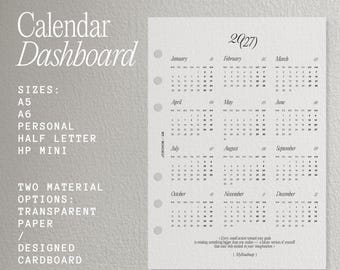2027 Planner Calendar Dashboard | Year Overview Planner Insert | 160gsm Transparent Vellum or 250gsm Cardstock |  Calendar Planner Insert