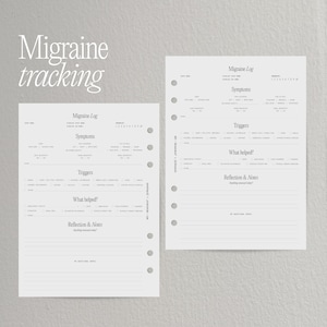 May include: Two white migraine tracking journal pages with the words "Migraine tracking" at the top. The pages include sections for symptoms, triggers, and reflections. The pages are designed for tracking and managing migraine headaches.