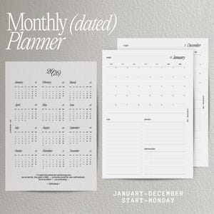 Monatsplaner 2026 datiert in Größe A5/Personal/Half Letter/HP Mini + Dashboard Kalender transparent | Gedruckte Einsätze für Ringplaner