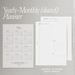 Peut inclure: Un ensemble de planificateur daté annuel et mensuel 2027 comprenant une feuille de papier blanche avec un calendrier annuel complet et une mise en page mensuelle séparée. Le texte inclut Yearly-Monthly (dated) Planner, 2027, January-December, Start-Monday.