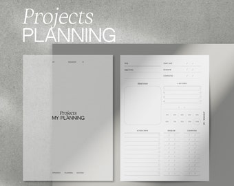 Könnte beinhalten: Ein minimalistisches Projektplanungsnotizbuch mit dem Text "Projects PLANNING" oben und "Projects MY PLANNING" auf dem Einband. Die offene Seite zeigt Abschnitte für Ziele, Ideen und Aktionsschritte.
