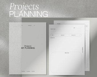 May include: A minimalist project planning set with the words "Projects PLANNING" at the top. The set includes a notebook and several planning sheets with sections for project name, start and deadline dates, and notes. The notebook reads "Projects MY PLANNING".