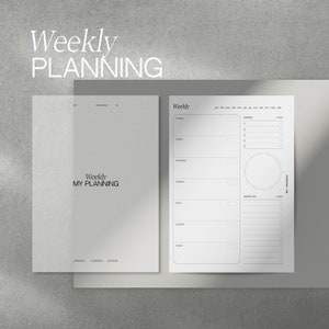 May include: A black and white printable weekly planner with the words "Weekly Planning" at the top. The planner has sections for Monday through Sunday, with space for tasks, priorities, and notes.