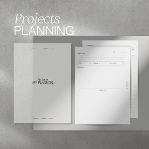 May include: A minimalist project planning set with the words "Projects PLANNING" at the top. The set includes a notebook and several planning sheets with sections for project name, start and deadline dates, and notes. The notebook reads "Projects MY PLANNING".