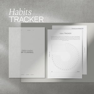 Op de afbeelding: Een minimalistische lay-out met een "Habits Tracker" ontwerp. De afbeelding toont een stapel witte papieren vellen met tekst en een cirkelvormige gewoontevolgkaart. De woorden "Habits Tracker" en "My Planning" zijn zichtbaar.