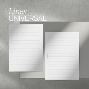 Op de afbeelding: Twee witte vellen papier met horizontale lijnen. De tekst "Lines UNIVERSAL" staat bovenaan de afbeelding.