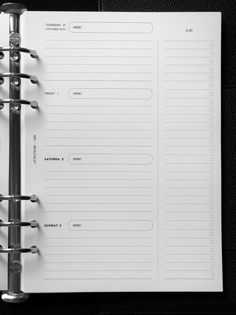 May include: A white planner refill page with a silver six-ring metal binder mechanism. The page features daily sections for Thursday 31, Friday 1, Saturday 2, and Sunday 3, with memo boxes, lined writing areas, and a vertical to do list column.
