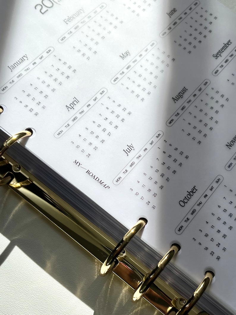 Pu&ograve; includere: Un inserto per agenda in carta bianca con un calendario 2024 che mostra i mesi da gennaio a novembre in testo nero. Le pagine sono tenute insieme da un meccanismo di rilegatura a sei anelli in metallo color oro. Testo MY ROADMAP visibile.