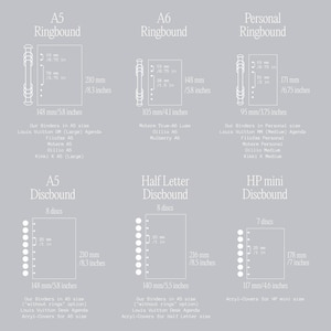 May include: Diagram of planner sizes, including A5, A6, and Personal Ringbound, and A5, Half Letter, and HP mini Discbound. Measurements are in inches and millimeters. Text includes binder types and compatible brands like Louis Vuitton and Kikki K.
