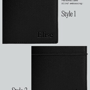 May include: Two black leather cardholders with the name "Elise" embossed. One cardholder is labeled "Style 1" and the other is labeled "Style 2". The text "Personalized blind embossing:" is also visible.