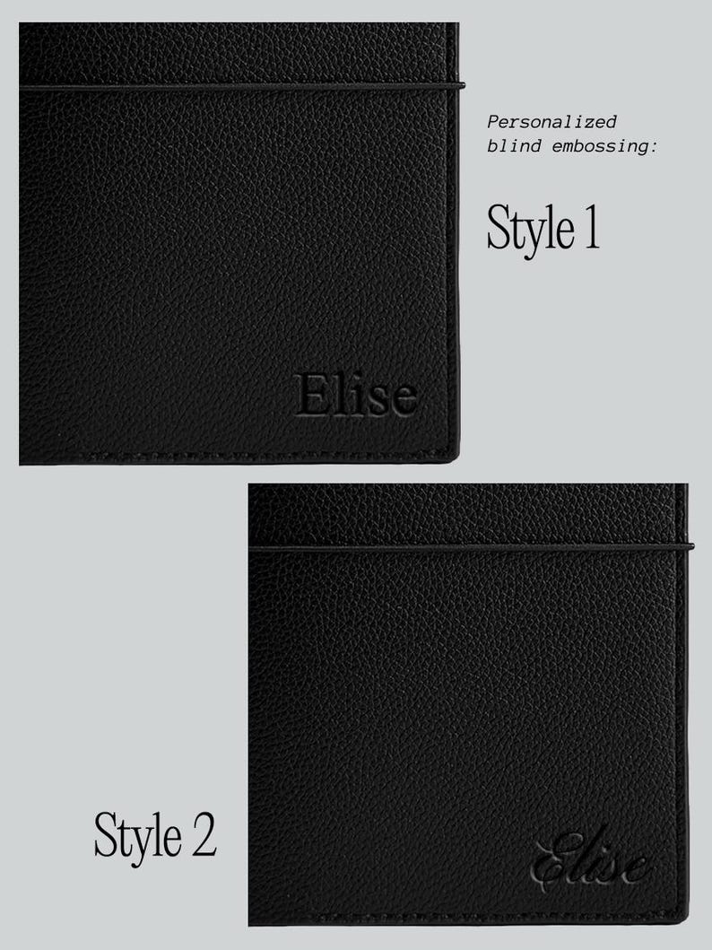 May include: Two black leather cardholders with the name "Elise" embossed. One cardholder is labeled "Style 1" and the other is labeled "Style 2". The text "Personalized blind embossing:" is also visible.