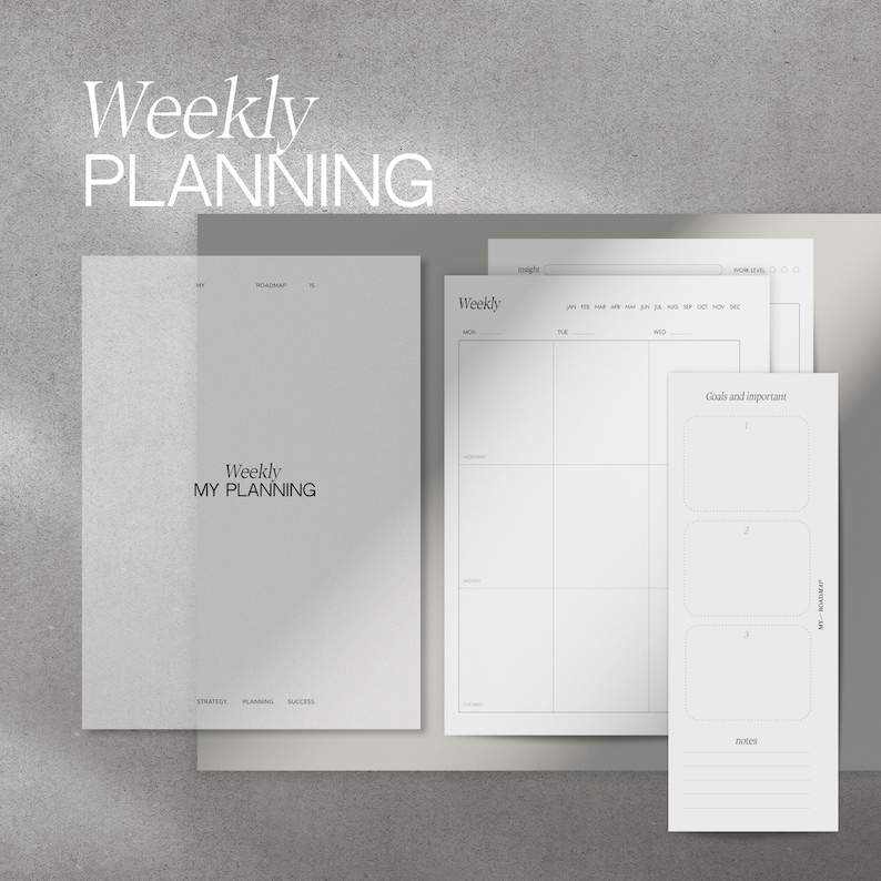 May include: A collection of minimalist weekly planning pages in shades of gray and white. The text "Weekly PLANNING" is at the top, with "Weekly MY PLANNING" on one page. Other pages include sections for daily planning, goals, and notes.