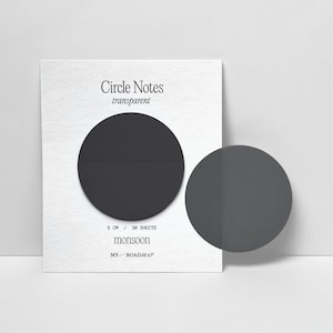 Peut inclure: Une carte blanche avec le texte "Circle Notes transparent" et un cercle gris foncé. Un cercle gris séparé est à côté de la carte. La carte contient également le texte "5 CM / 30 FEUILLES", "monsoon" et "MY ROADMAP".
