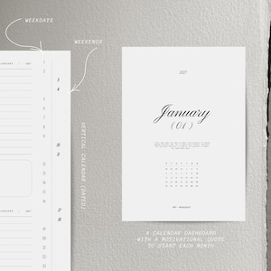 May include: A 2027 calendar dashboard featuring a January monthly view with a motivational quote, a small monthly grid, and a vertical dated planner layout on the left side with labelled weekdays and weekends for organised daily scheduling.