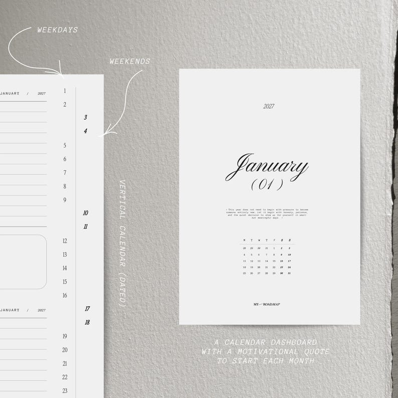 May include: A 2027 calendar dashboard featuring a January monthly view with a motivational quote, a small monthly grid, and a vertical dated planner layout on the left side with labelled weekdays and weekends for organised daily scheduling.
