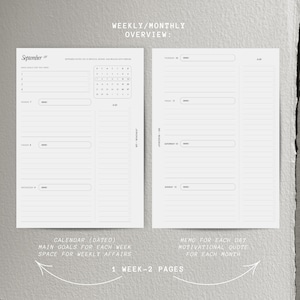 May include: A two-page weekly planner layout in black and white. The left page features a September calendar, weekly goals, and daily sections for Monday through Wednesday. The right page includes sections for Thursday through Sunday, each with memo lines and a to-do list column. Text includes 'WEEKLY/MONTHLY OVERVIEW', 'September', 'MAIN GOALS FOR THIS WEEK', 'MY ROADMAP', and 'todo'.