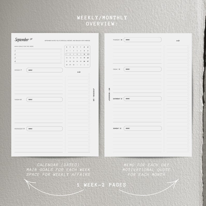 May include: A two-page weekly planner layout in black and white. The left page features a September calendar, weekly goals, and daily sections for Monday through Wednesday. The right page includes sections for Thursday through Sunday, each with memo lines and a to-do list column. Text includes 'WEEKLY/MONTHLY OVERVIEW', 'September', 'MAIN GOALS FOR THIS WEEK', 'MY ROADMAP', and 'todo'.