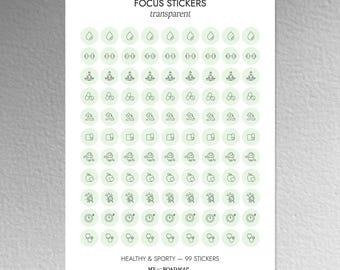 Mini Icon Transparent Stickers "Healthy & Sporty", transparent stickers for planners, journaling | Health Stickers 99 pieces