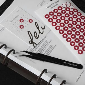 May include: A black metal pair of tweezers with the text MY ROADMAP printed on the handle, resting on a white planner page. Beside it is a sheet of transparent red ring-shaped hole stickers and a calendar card labeled Feb with red circles.
