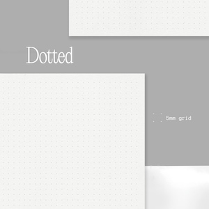 K&ouml;nnte beinhalten: Wei&szlig;es Papier mit einem gepunkteten Rastermuster, beschriftet mit "Dotted". Das Raster ist ein 5-mm-Raster, ideal f&uuml;r Bullet Journals oder Notizen. Das Papier befindet sich vor einem grauen Hintergrund.