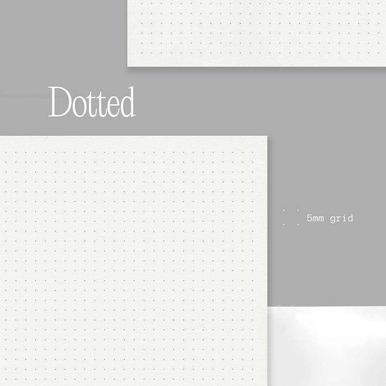 K&ouml;nnte beinhalten: Wei&szlig;es Papier mit einem gepunkteten Rastermuster, beschriftet mit "Dotted". Das Raster ist ein 5-mm-Raster, ideal f&uuml;r Bullet Journals oder Notizen. Das Papier befindet sich vor einem grauen Hintergrund.