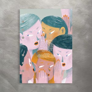 Könnte beinhalten: Illustration von sechs stilisierten Gesichtern in Rosa, Blau und Gelb, mit orangefarbenen Lippen und Händen, die ihren Mund bedecken. Das Bild enthält Text, der lautet: "Denke daran, nur du entscheidest, wer du bist und wer nicht."