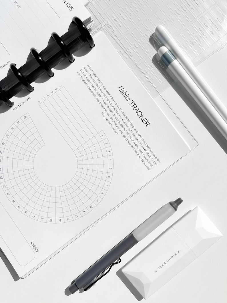 May include: A white habit tracker with a black and white grid pattern and the text "Habits TRACKER" at the top. The text below the title reads "By changing habits, you make your life a lot more productive and efficient. There are probably things that you have been doing the same for a whole life, but sometimes it can be good to step out of your comfort zone. A habit tracker gives you insight into your habits and can motivate you to learn something. This generates self-confidence and gives you an energy boost so that you can take it again."