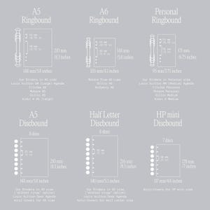 May include: Diagram of planner sizes, including A5, A6, and Personal Ringbound, and A5, Half Letter, and HP mini Discbound. Measurements are in inches and millimeters. Text includes binder types and compatible brands like Louis Vuitton and Kikki K.