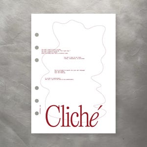 Könnte beinhalten: Ein weißes Papier mit dem roten Titel "Cliché" und Text in einer Serifenschrift. Das Papier hat eine graue Umrandung und mehrere Textzeilen in kleinerer Schrift. Das Papier hat drei Löcher auf der linken Seite.