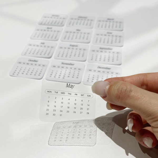 Mini-Kalender Stickers 2024/2025 , transparent/weiß/matt | hochwertige Planer Monatskalender Labels