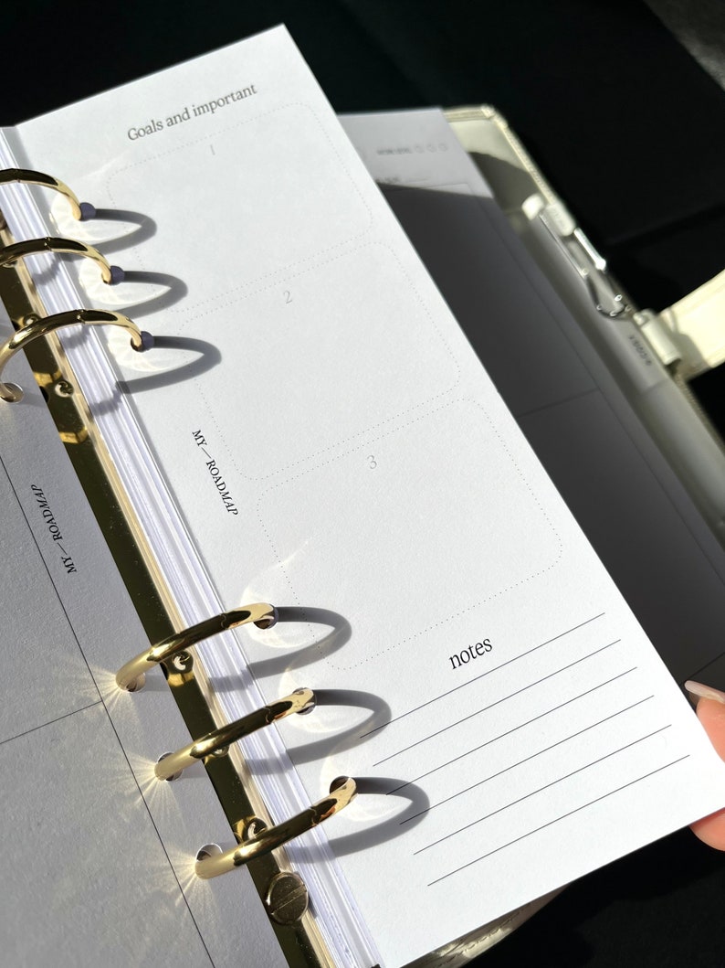 May include: Open planner with gold-colored rings and white paper. The pages are labeled "Goals and important", "MY - ROADMAP", and "notes". The planner is open to a page with three boxes and lined spaces for notes.