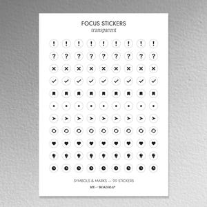 May include: A sheet of transparent focus stickers with 99 symbols and marks. The stickers include exclamation points, question marks, tick marks, cross marks, arrows, circles, hearts, light bulbs, and clocks. The text "FOCUS STICKERS" and "SYMBOLS & MARKS - 99 STICKERS" is printed on the sheet. The text "MY ROADMAP" is printed at the bottom of the sheet.