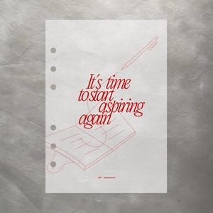 Könnte beinhalten: Eine weiße Planerseite mit rotem Text und Illustrationen. Der Text lautet "Es ist Zeit, wieder zu streben." Ein Stift ist über dem offenen Notizbuch gezeichnet. Die Seite hat drei Löcher zum Binden.