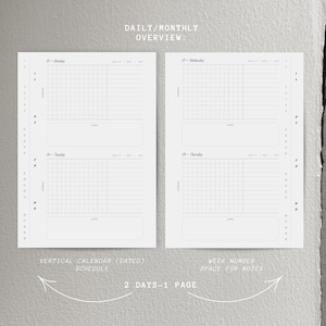 May include: A daily and monthly planner layout featuring two pages with a vertical dated schedule for Monday through Thursday. Each page includes a grid for time tracking, a dedicated notes section, and text labels for the week number and date.