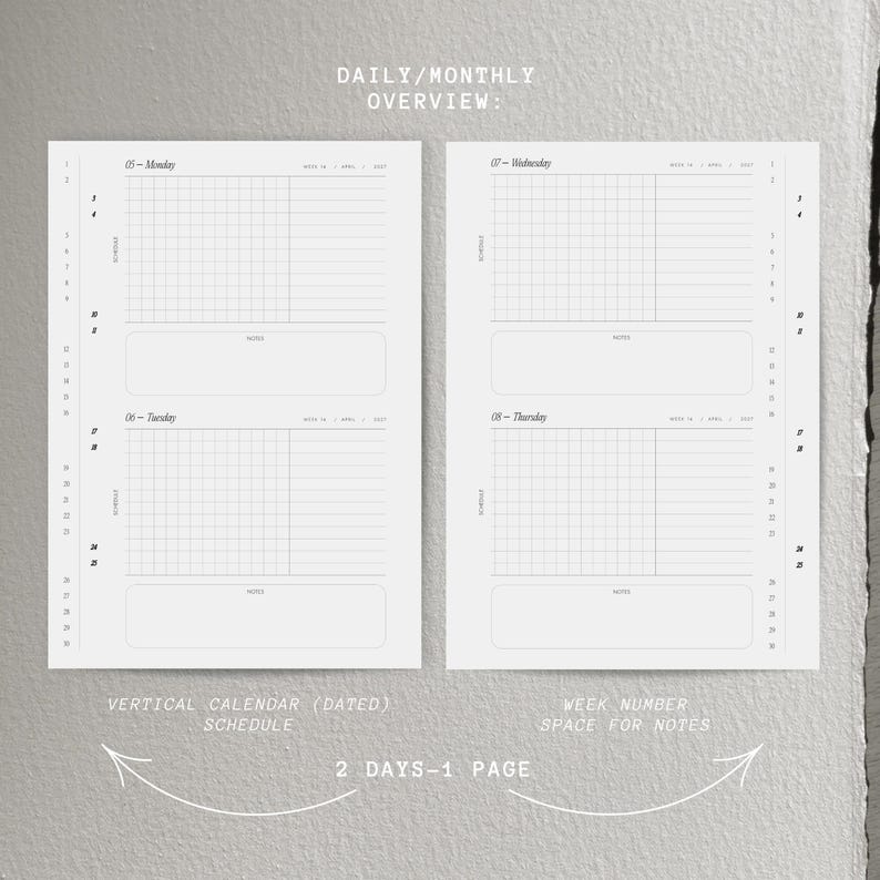 May include: A daily and monthly planner layout featuring two pages with a vertical dated schedule for Monday through Thursday. Each page includes a grid for time tracking, a dedicated notes section, and text labels for the week number and date.