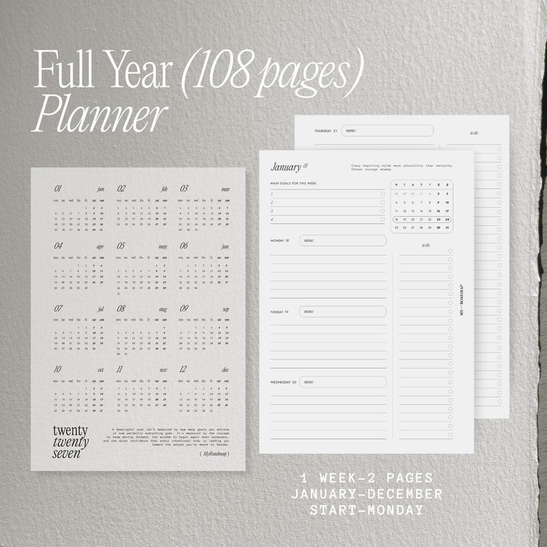 May include: A 108-page full year planner featuring a 12-month calendar overview for twenty twenty seven and detailed weekly layout pages. The white paper sheets include sections for main goals, daily schedules, and to-do lists in black ink.