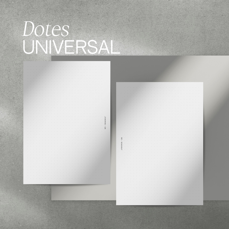 May include: Two white dot grid paper sheets, one slightly angled, against a gray background. The text "Dotes UNIVERSAL" is at the top. The paper has small dots for guides. The shadow of a window is cast across the paper.