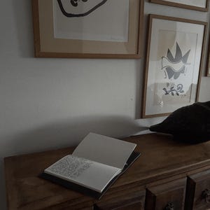May include: An open notebook with handwritten text rests on a dark wooden dresser. Above, framed art pieces in neutral tones hang on a white wall. The artwork includes abstract line drawings and shapes, creating a minimalist aesthetic.