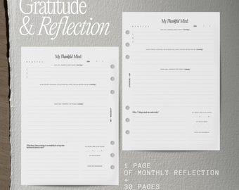 May include: Two white paper planner inserts with the text "Gratitude & Reflection" and "My Thankful Mind." One insert has lines for daily gratitude and the other for monthly reflection. The bottom text reads "1 PAGE OF MONTHLY REFLECTION + 30 PAGES OF DAILY GRATITUDE."