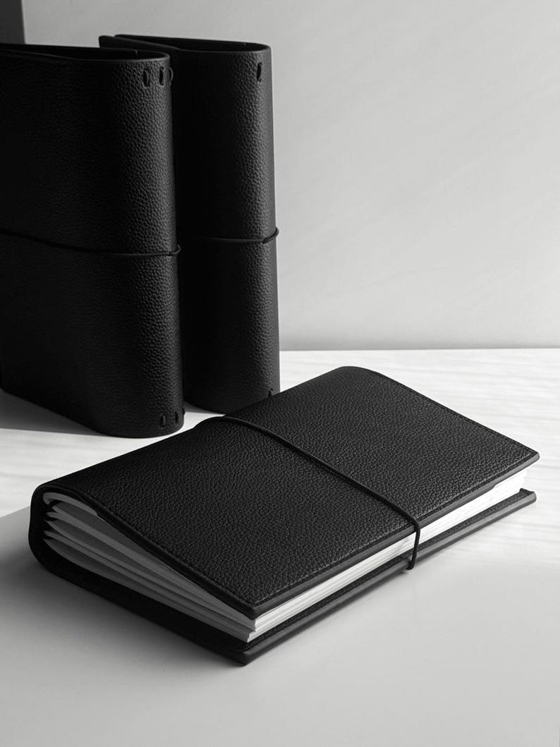 May include: A black leather journal with a textured cover and elastic closure, lying open on a white surface. Two additional journals stand upright in the background, also black with elastic closures. The journals have white-edged pages.