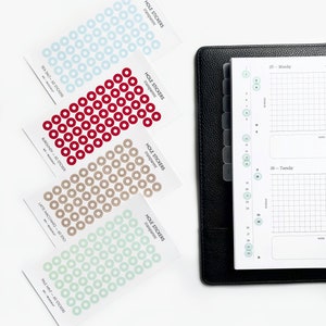 May include: Four sheets of transparent hole stickers in different colors: sea salt, burgundy, latte macchiato, and pale mint. Each sheet has 60 stickers and the text "HOLE STICKERS" and the color name.