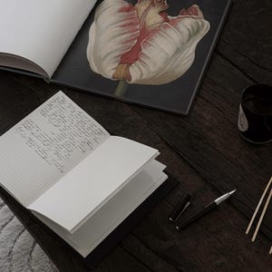 May include: An open notebook with lined pages and handwritten text sits next to a pen and a book with a tulip illustration. The items are arranged on a dark wooden surface, with a cup and some sticks in the background.