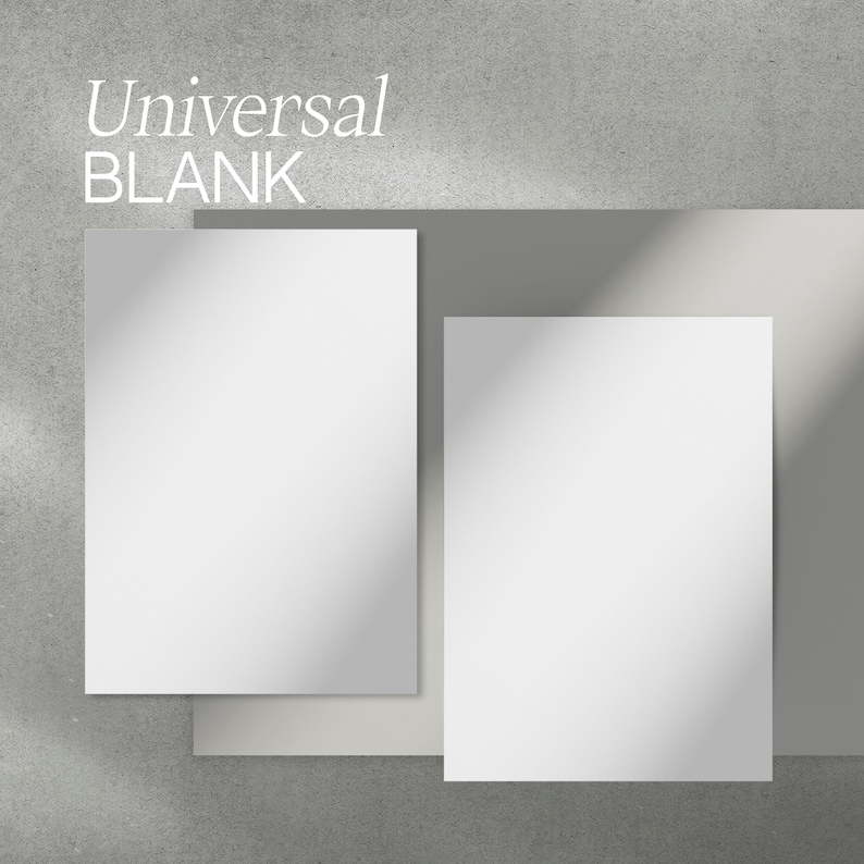 May include: Two white rectangular blank papers are layered on a gray background. The top paper is slightly smaller and angled, casting a shadow. The text "Universal BLANK" is in white at the top.