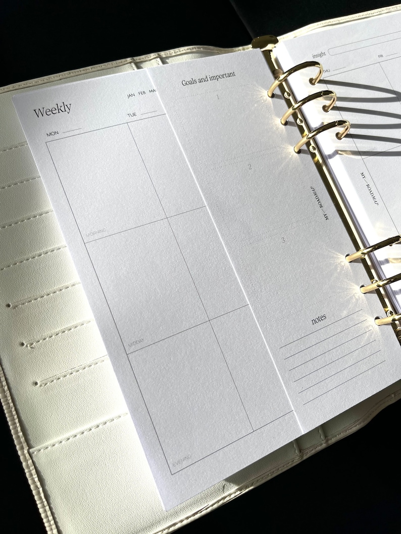 May include: A cream-colored planner with gold-colored rings, open to a weekly spread. The left page is labeled "Weekly" with spaces for each day. The right page is labeled "Goals and important" with numbered sections. The planner is on a black surface.