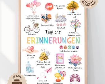 Daily Reminders German Poster, Therapy Office Decor, Positive Affirmations, Anxiety Relief Calming Corner, School Psychology, CBT ADHD DBT