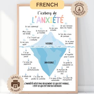 Peut inclure: Une affiche encadrée avec le titre "FRENCH l'iceberg de L'ANXIÉTÉ". L'affiche présente un graphique d'iceberg avec du texte français décrivant les symptômes de l'anxiété, tels que "Je suis submergé" et "Je suis nerveux dans les foules".