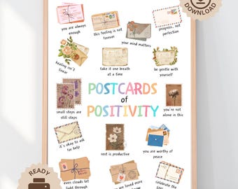 Peut inclure: Une affiche encadrée intitulée "Postcards of Positivity" présentant diverses cartes postales illustrées avec des affirmations positives. Les cartes postales sont dans des couleurs pastel douces et incluent des phrases comme "Vous êtes toujours suffisant".